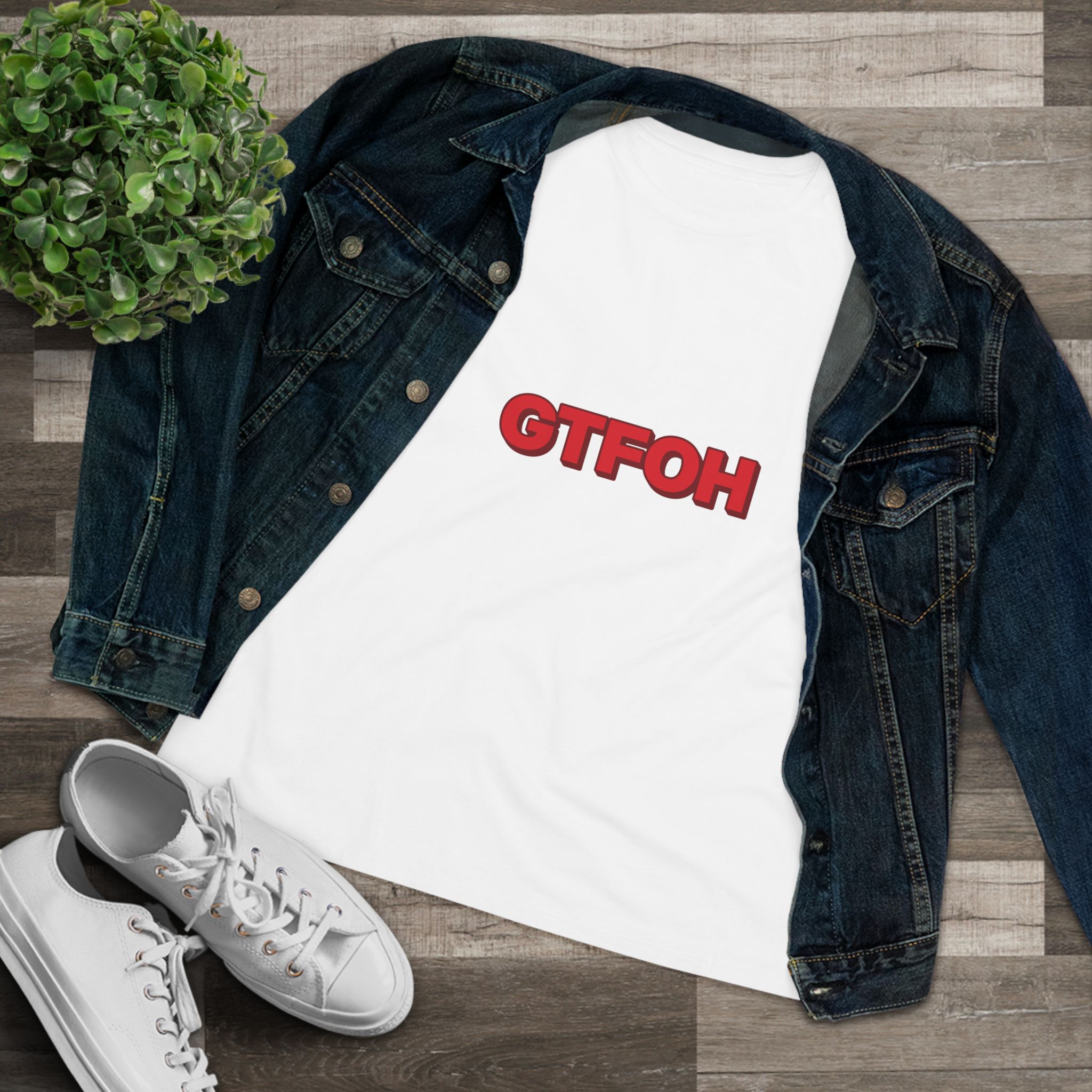 GTFOH Women's Tee (Red on Pink) in White, alternate view