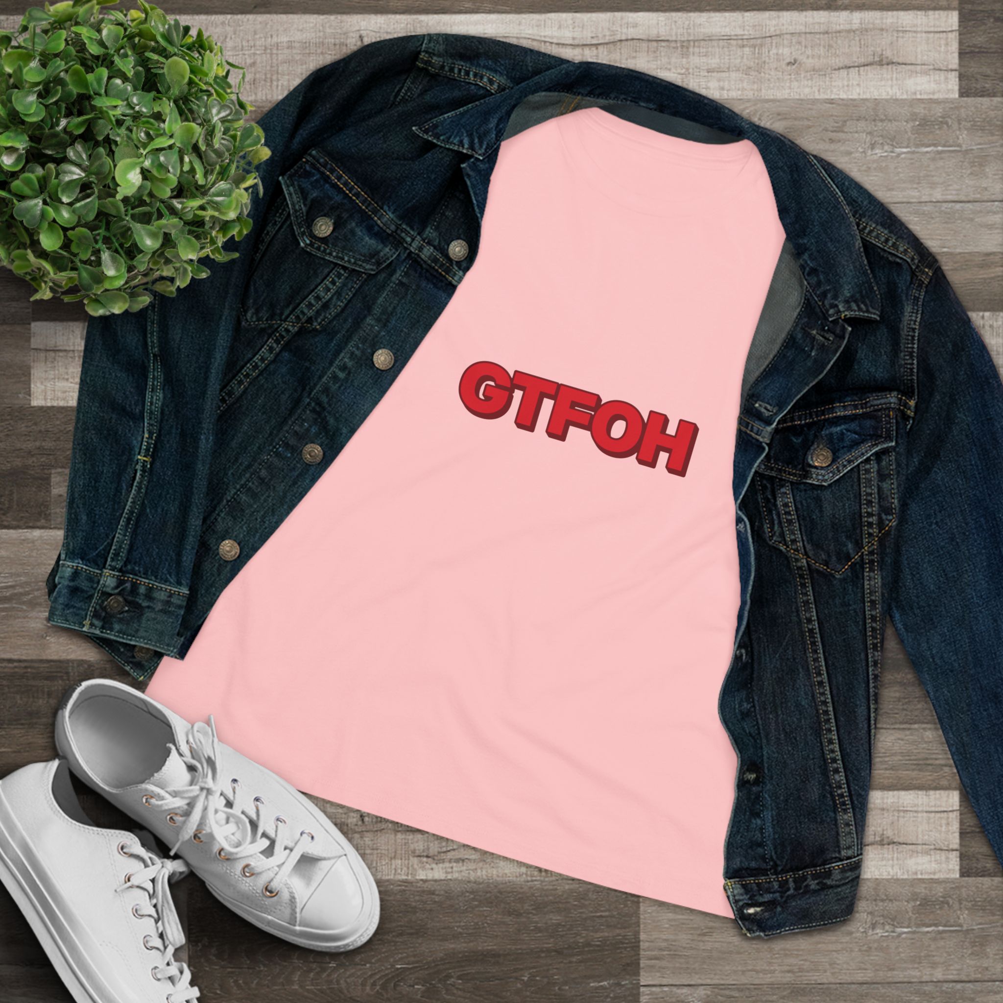 GTFOH Women's Tee (Red on Pink) in Pink, alternate view