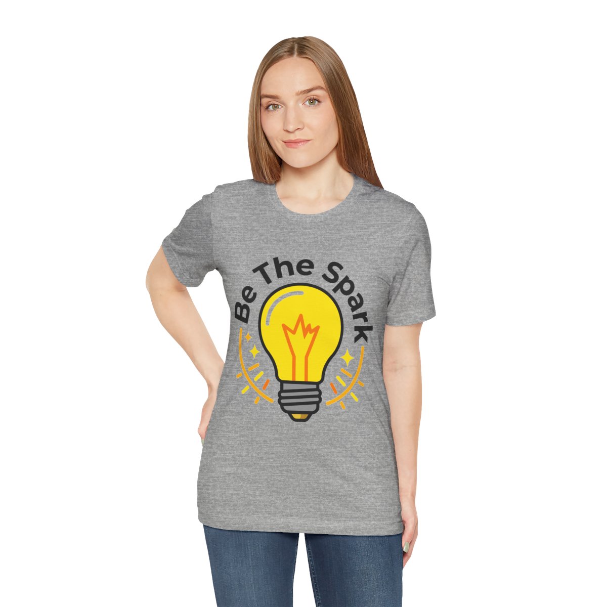 Be The Spark Tee (Light Bulb) in Athletic Heather, on model