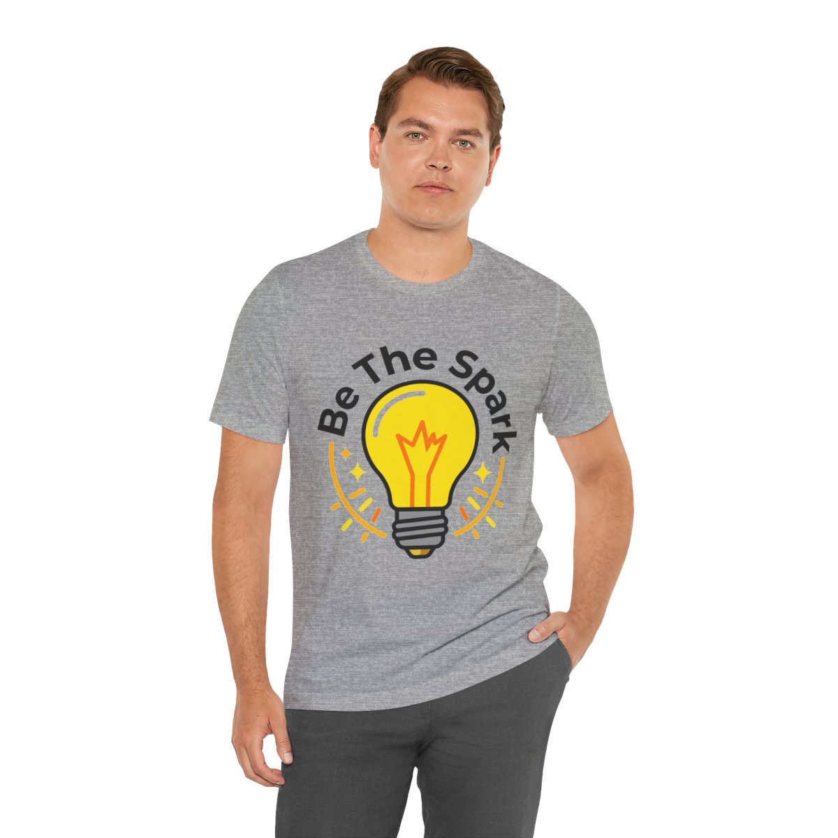 Be The Spark Tee (Light Bulb) in Athletic Heather, on model
