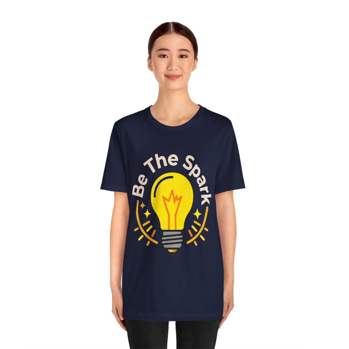 Be The Spark Tee (Light Bulb) in Navy, on model