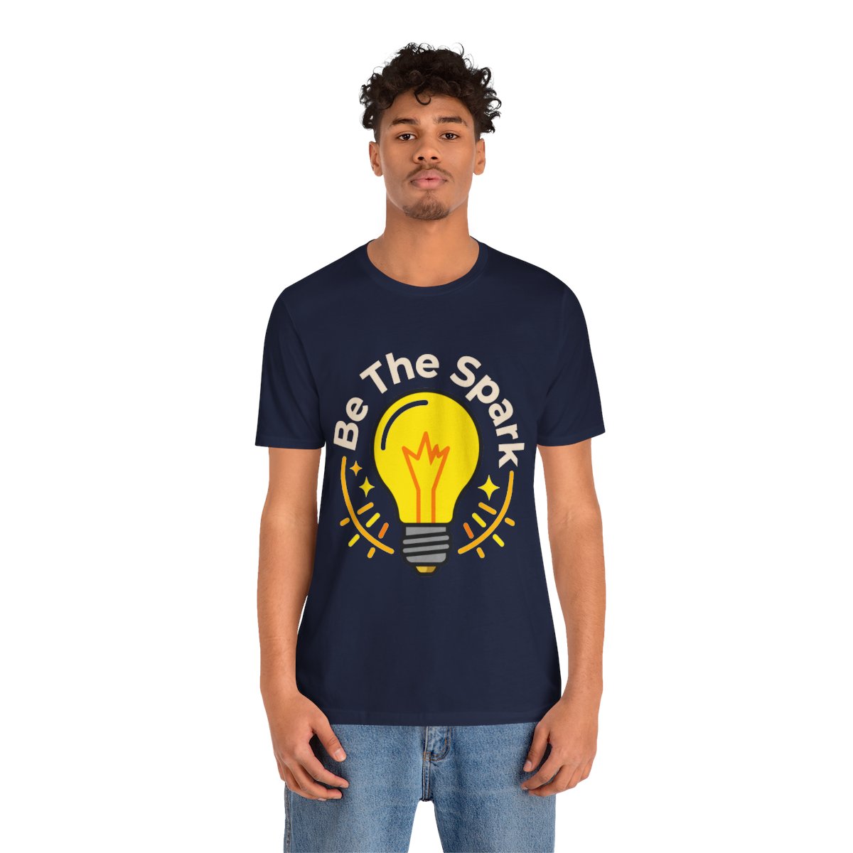 Be The Spark Tee (Light Bulb) in Navy, on model
