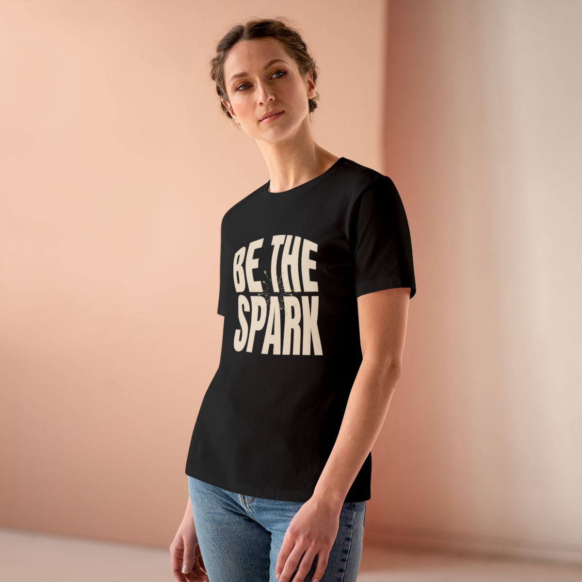 Be The Spark Women's Tee in Black, on model