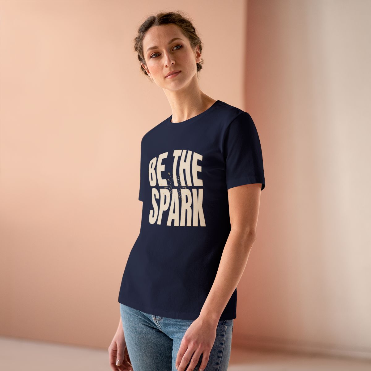 Be The Spark Women's Tee in Navy, on model