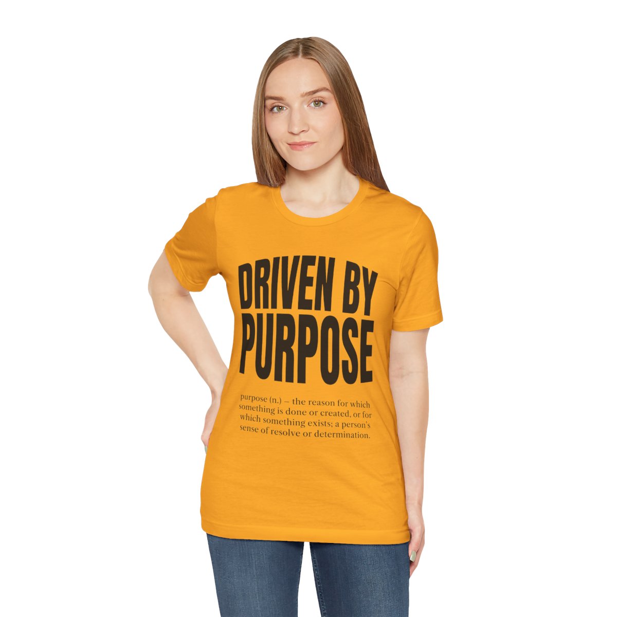 Driven by Purpose Tee (Definition) in Gold, on model