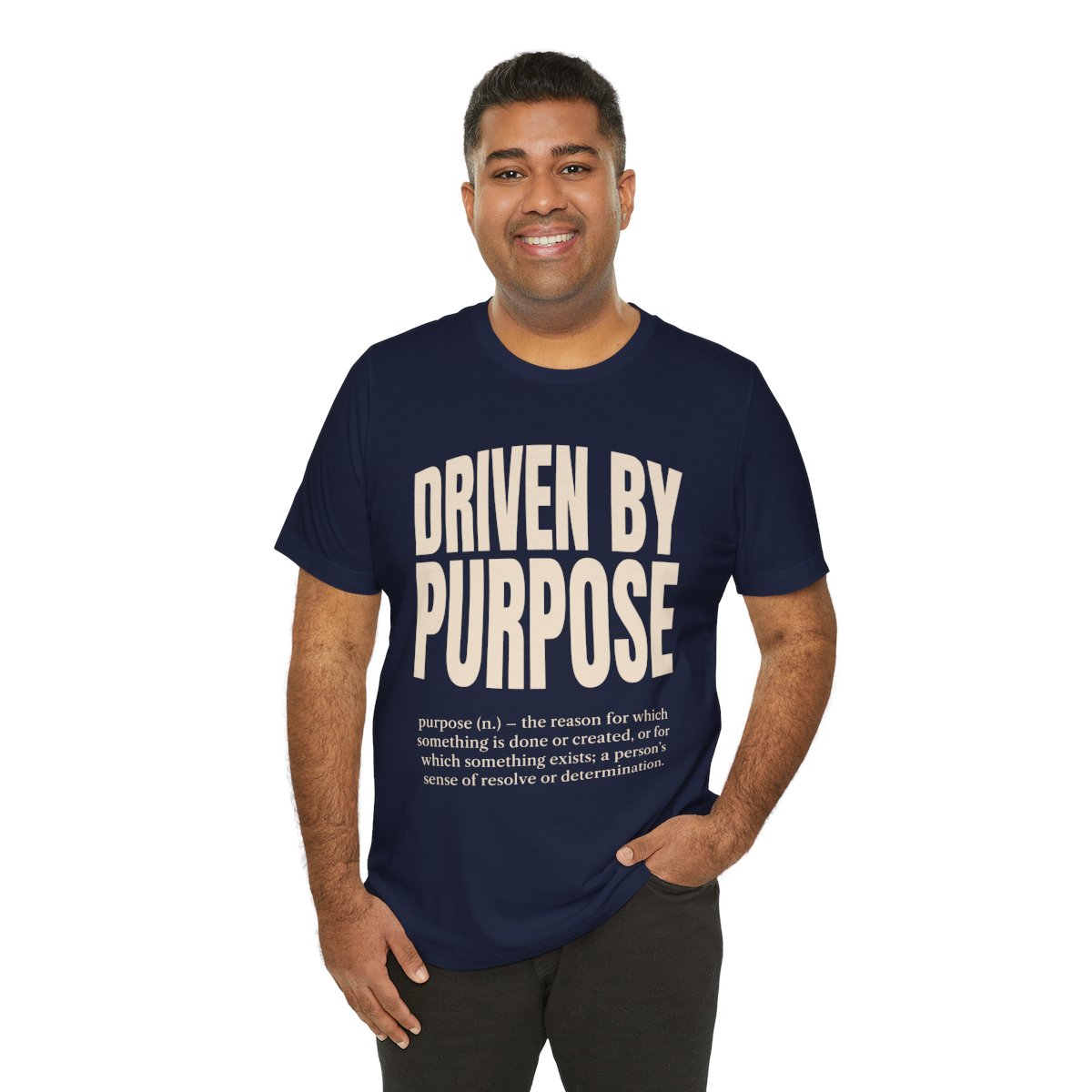 Driven by Purpose Tee (Definition) in Navy, on model