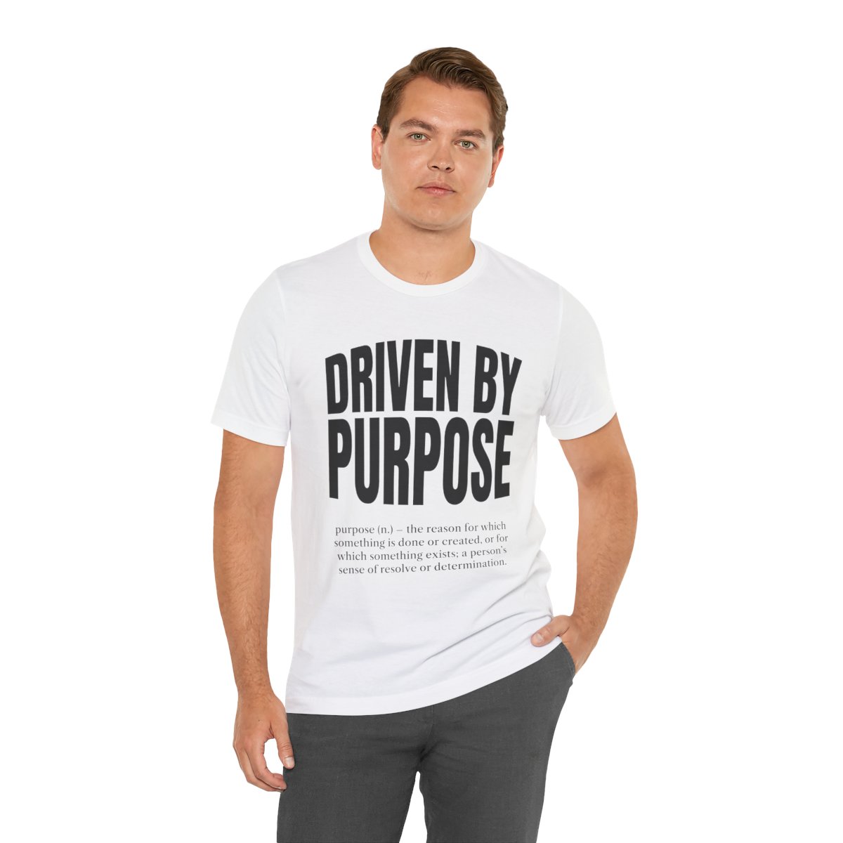 Driven by Purpose Tee (Definition) in White, on model