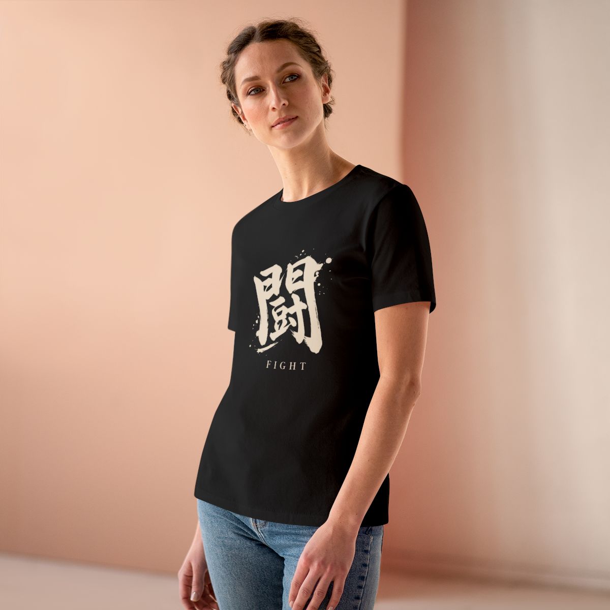 Fight Kanji Women's Tee in Black, on model