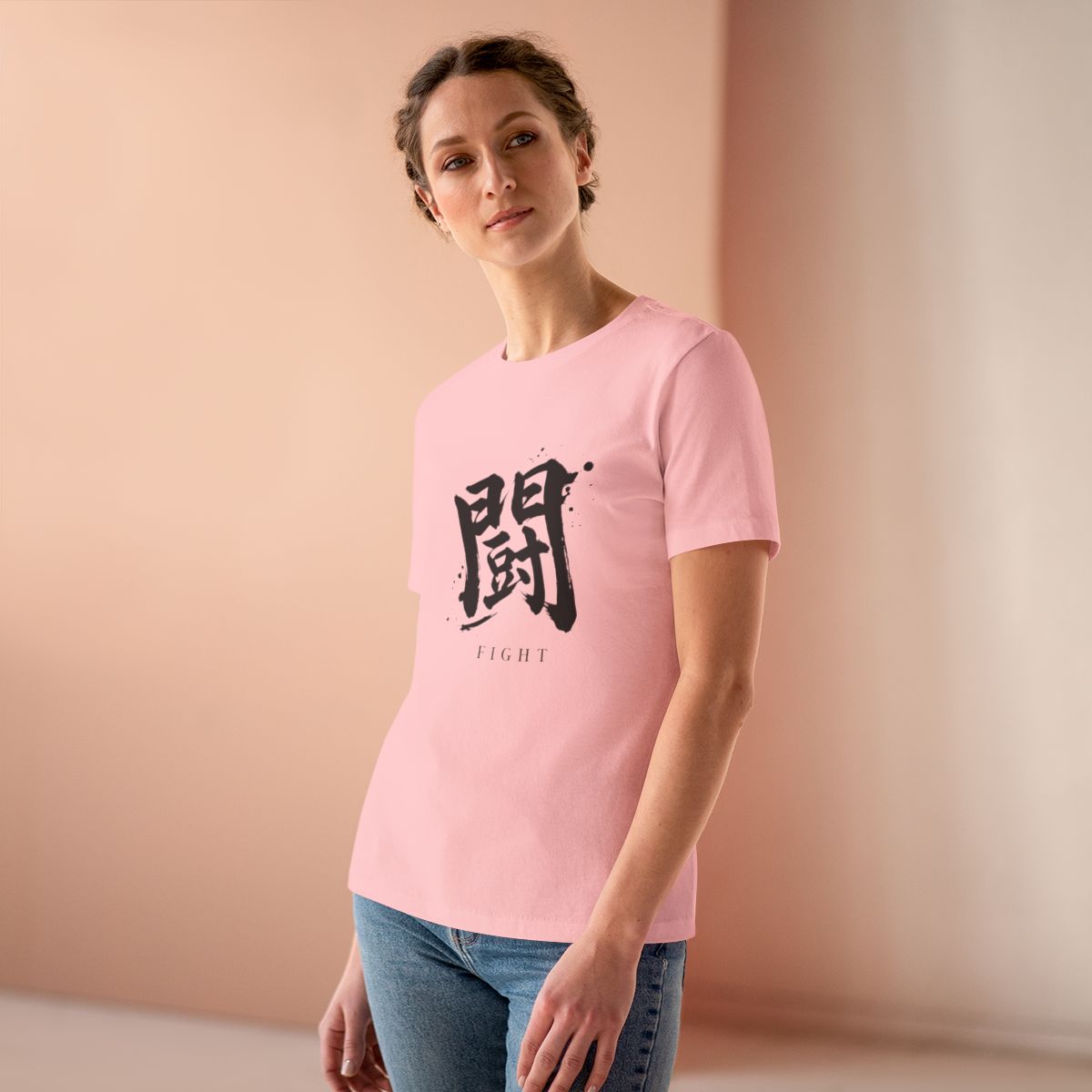 Fight Kanji Women's Tee in Pink, on model