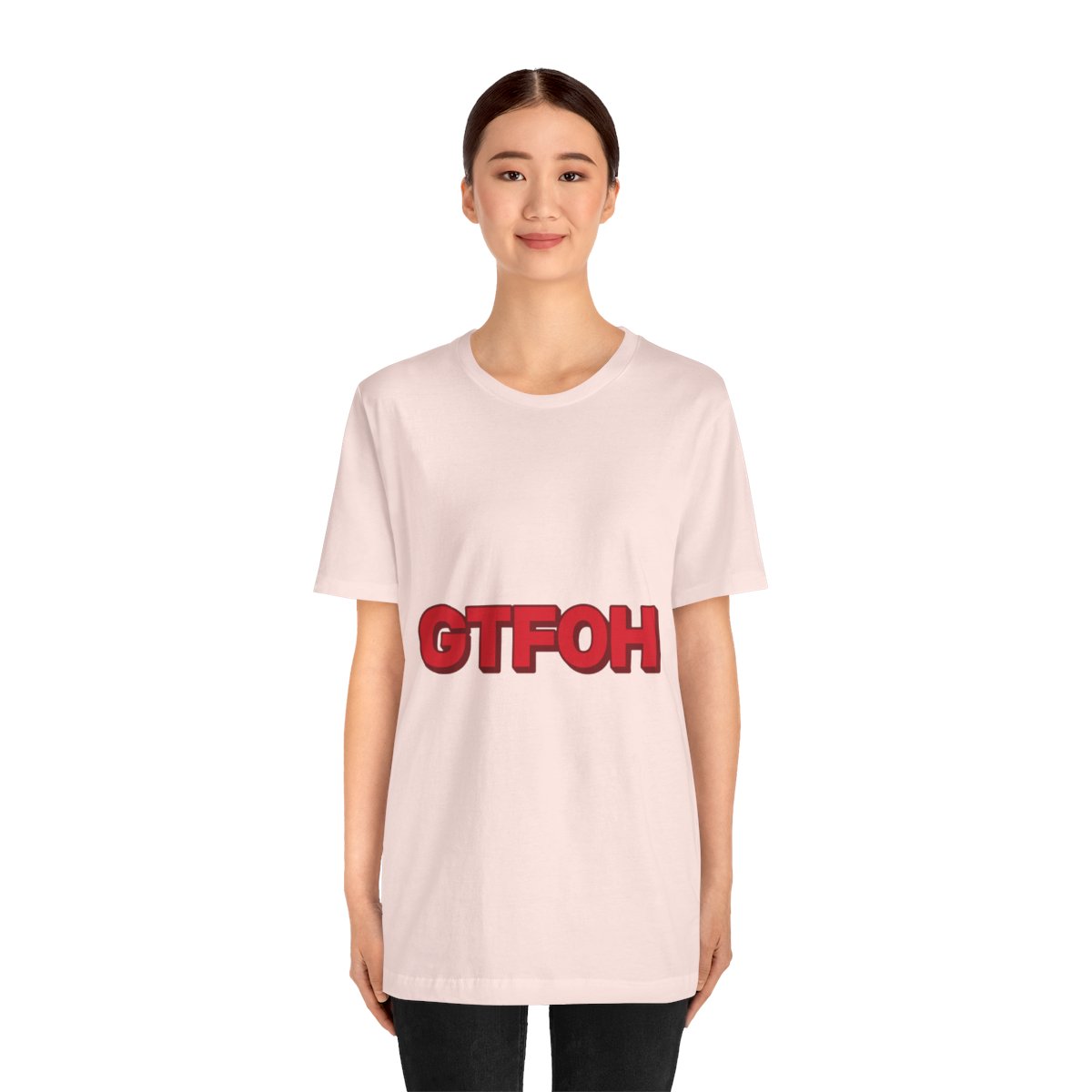 GTFOH Tee (Red on Pink) in Soft Pink, on model