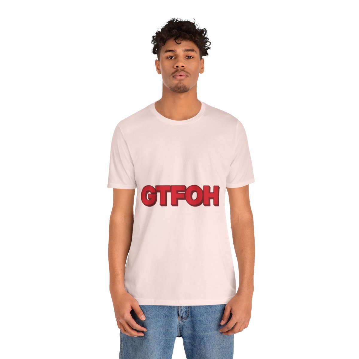 GTFOH Tee (Red on Pink) in Soft Pink, on model