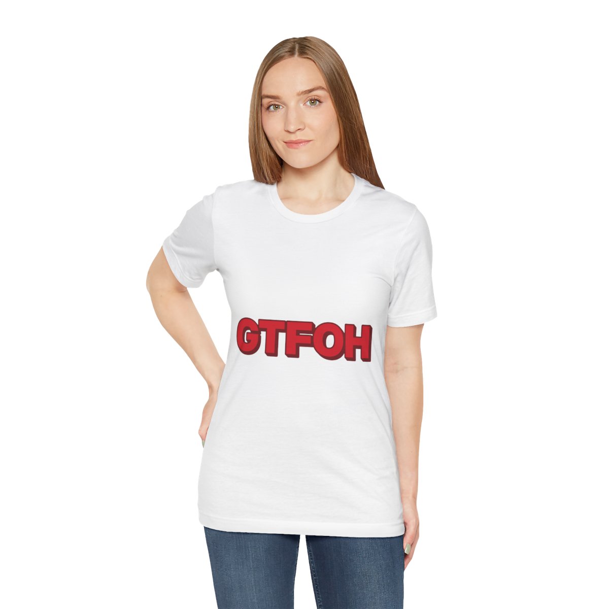 GTFOH Tee (Red on Pink) in White, on model