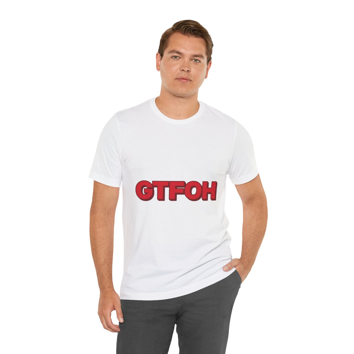GTFOH Tee (Red on Pink) in White, on model