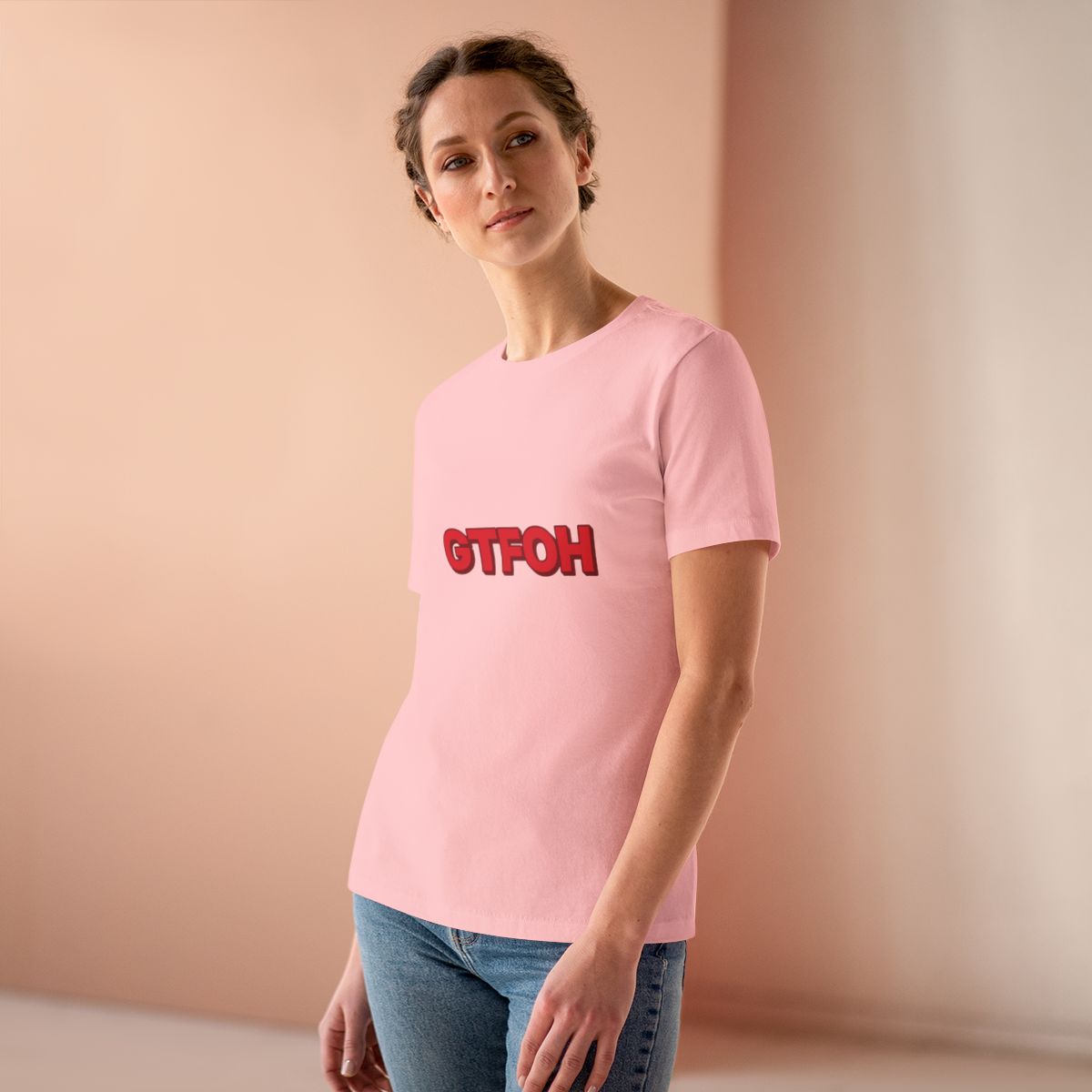 GTFOH Women's Tee (Red on Pink) in Pink, on model