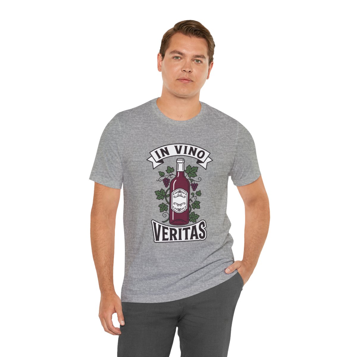 In Vino Veritas Tee in Athletic Heather, on model