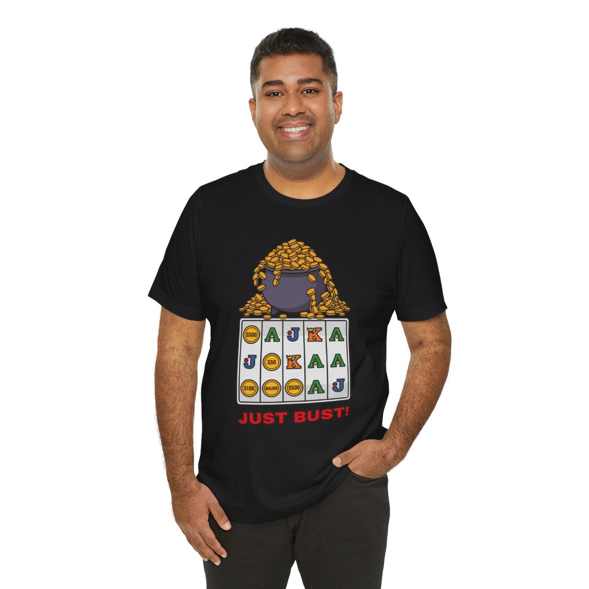 Just Bust! Tee (Full Color) in Black, on model