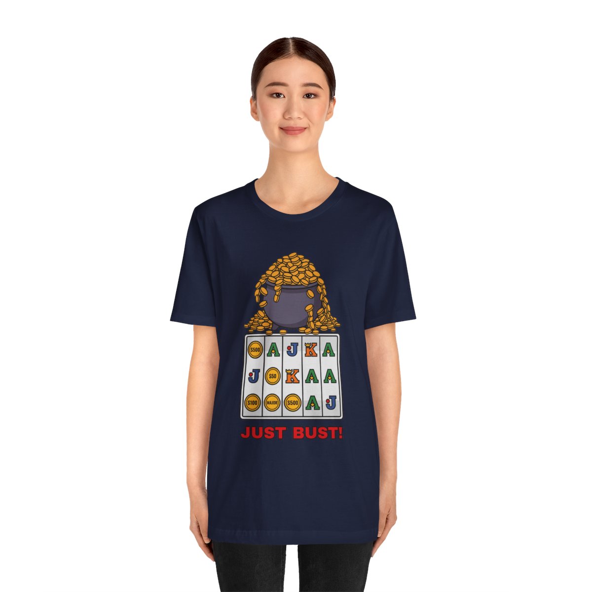 Just Bust! Tee (Full Color) in Navy, on model