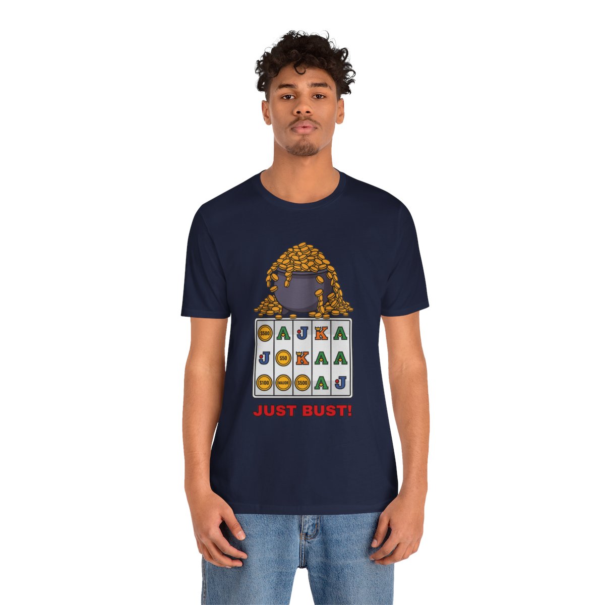 Just Bust! Tee (Full Color) in Navy, on model