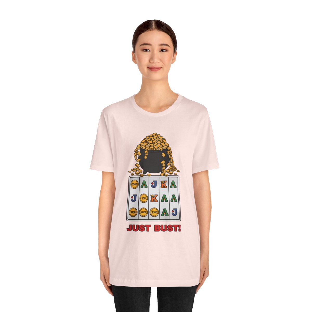Just Bust! Tee (Full Color) in Soft Pink, on model