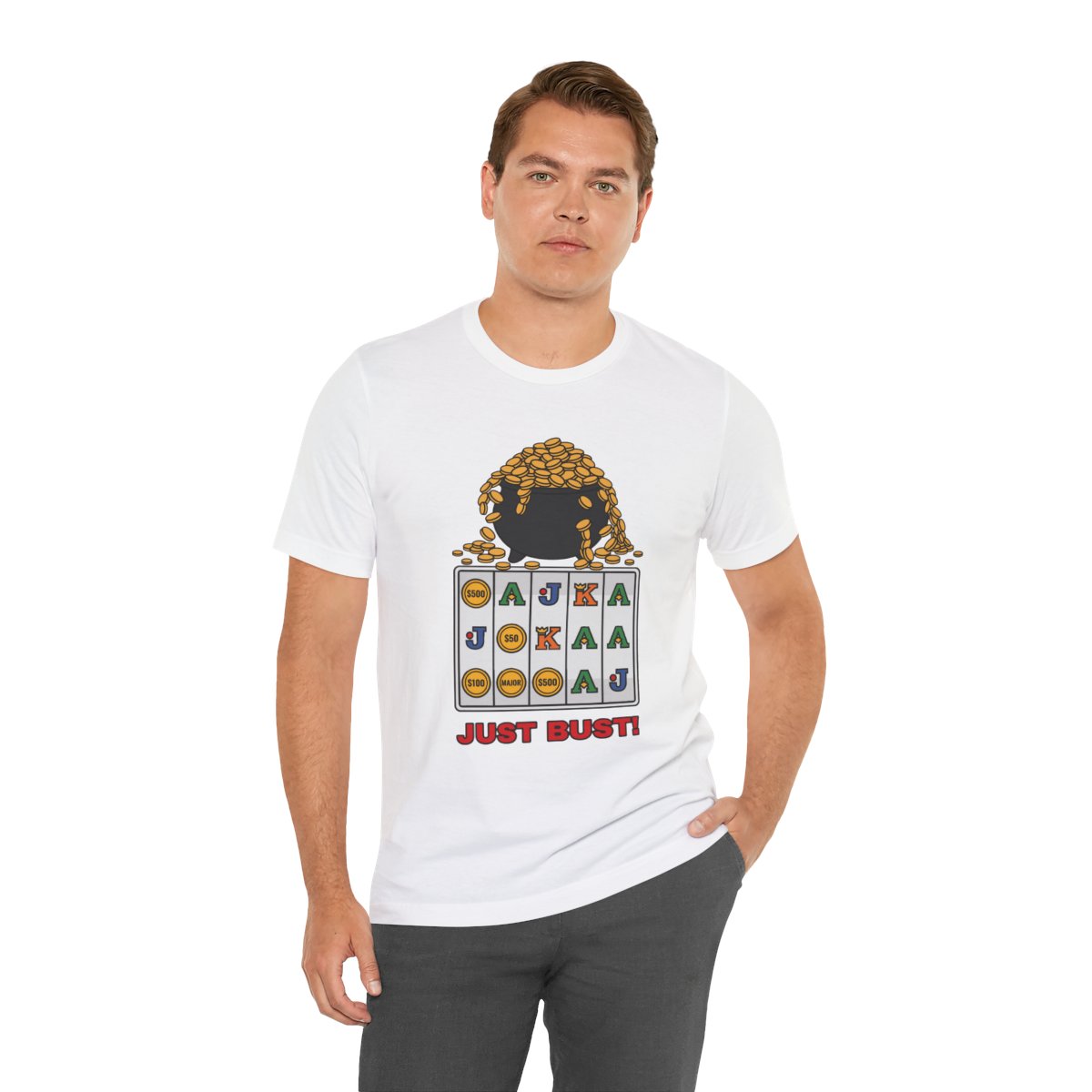 Just Bust! Tee (Full Color) in White, on model