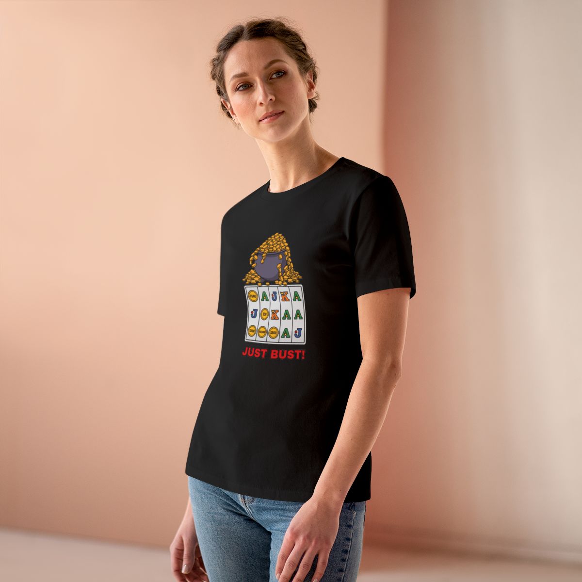 Just Bust! Women's Tee (Full Color) in Black, on model
