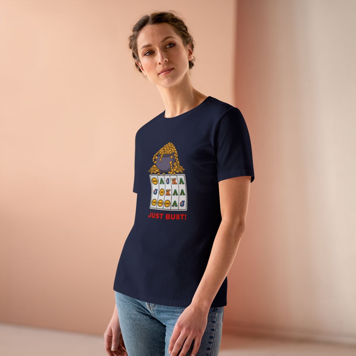 Just Bust! Women's Tee (Full Color) in Navy, on model