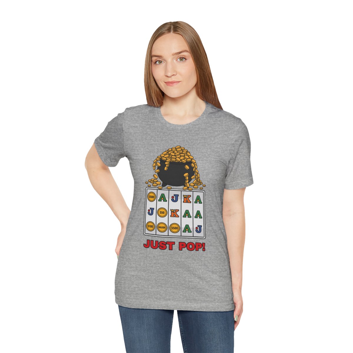 Just Pop! Tee (Full Color) in Athletic Heather, on model