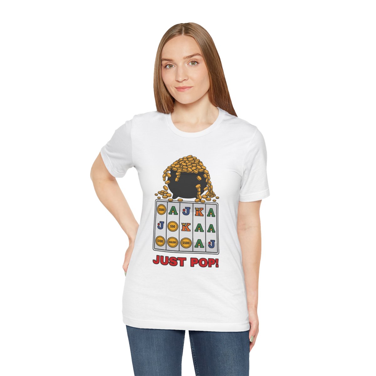 Just Pop! Tee (Full Color) in White, on model