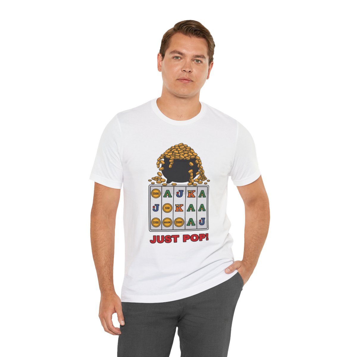 Just Pop! Tee (Full Color) in White, on model