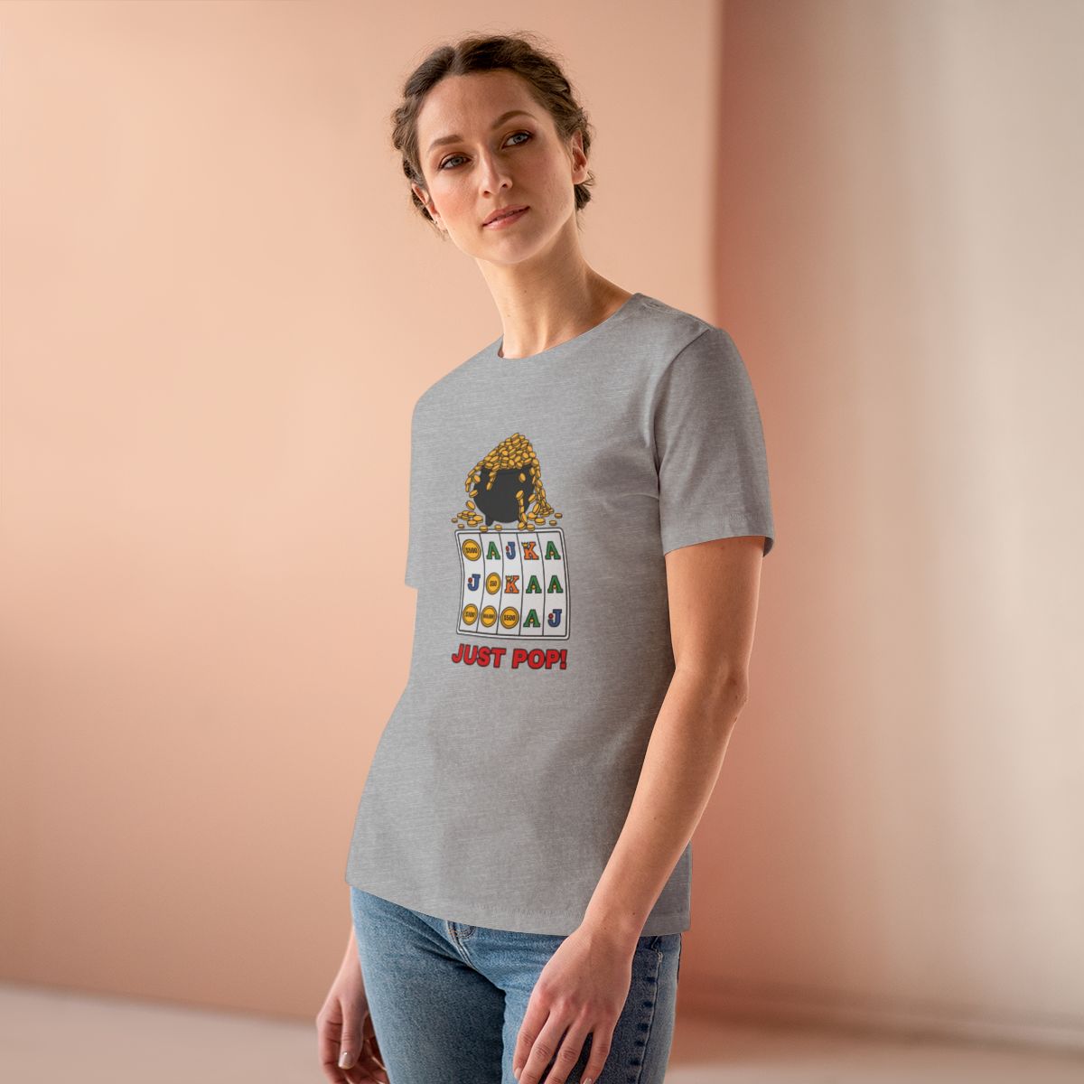Just Pop! Women's Tee (Full Color) in Athletic Heather, on model