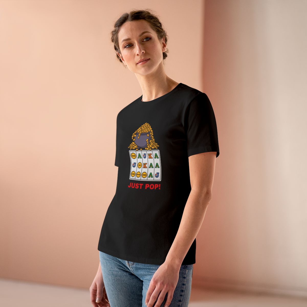 Just Pop! Women's Tee (Full Color) in Black, on model