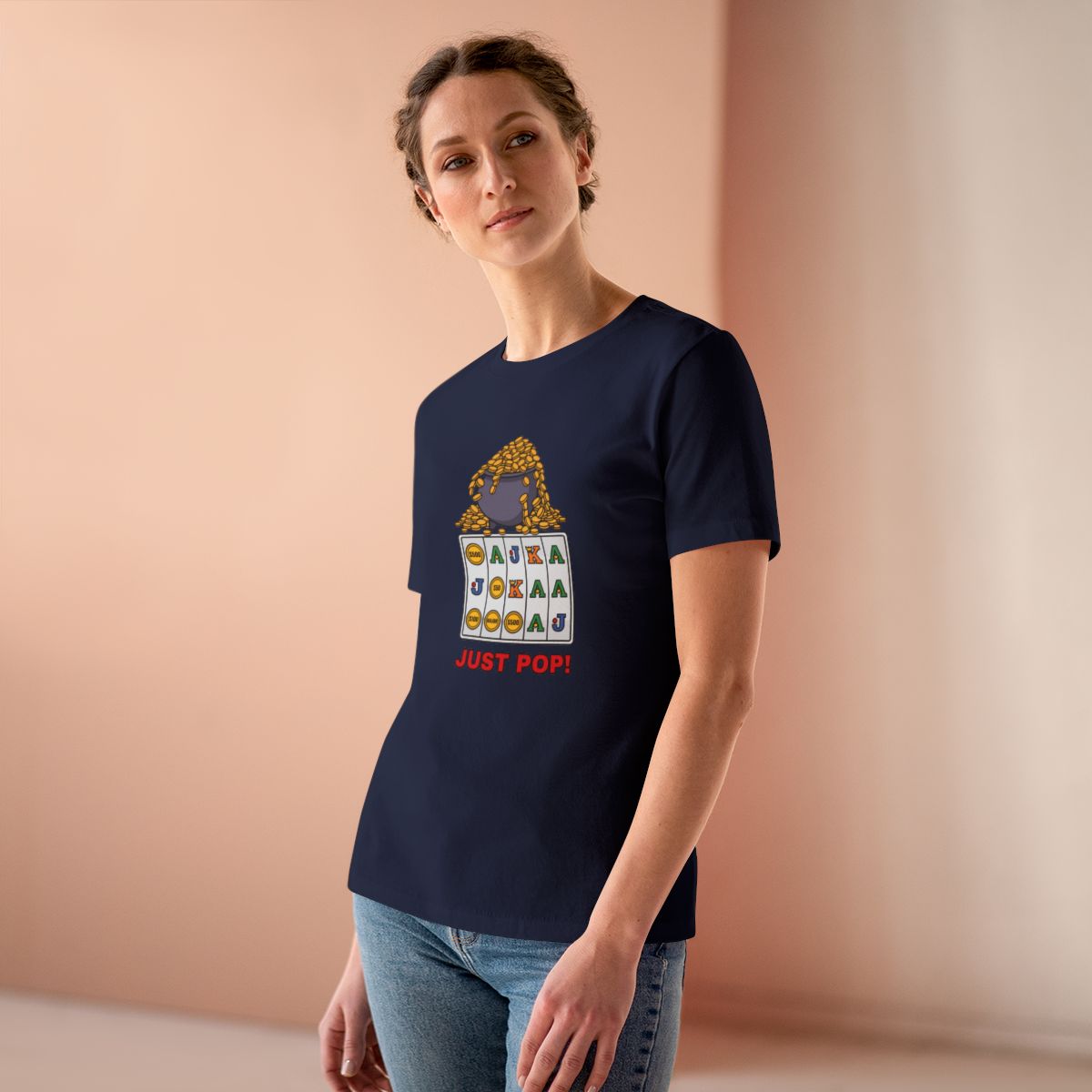 Just Pop! Women's Tee (Full Color) in Navy, on model