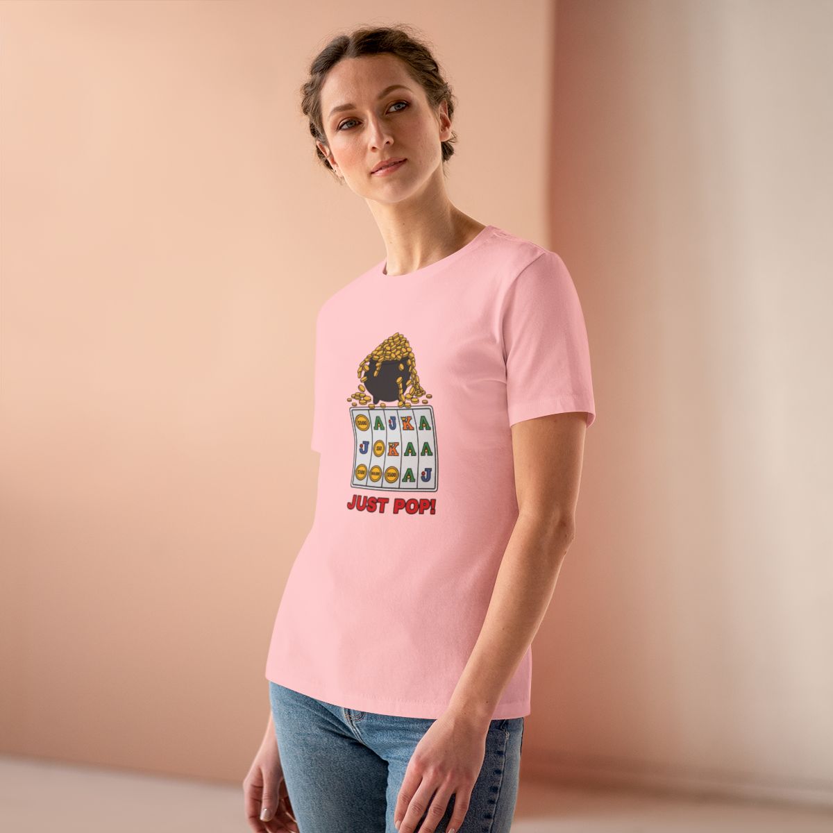 Just Pop! Women's Tee (Full Color) in Pink, on model