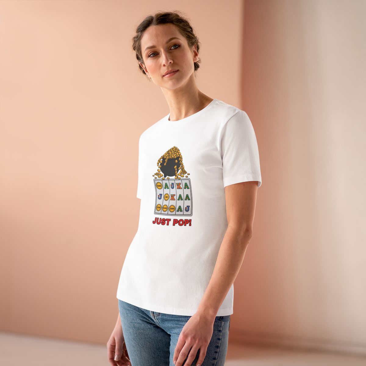 Just Pop! Women's Tee (Full Color) in White, on model