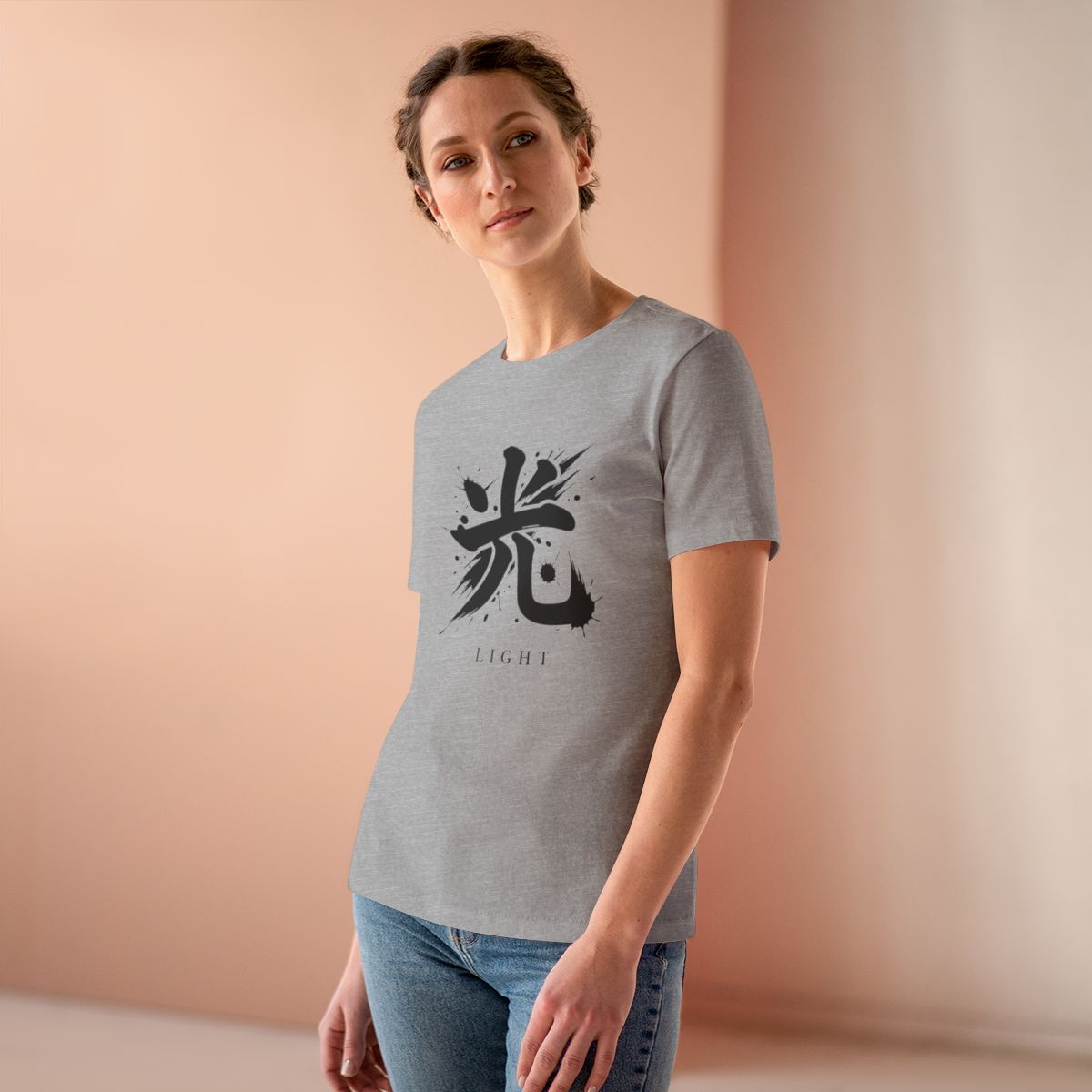 Light Kanji Women's Tee in Athletic Heather, on model