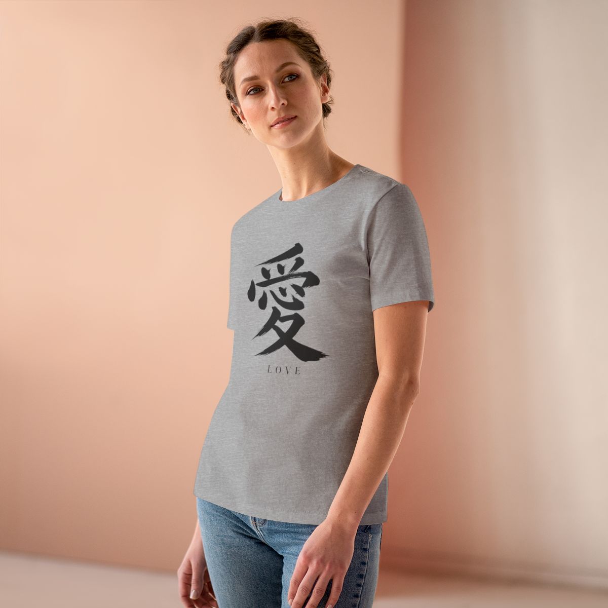 Love Kanji Women's Tee in Athletic Heather, on model