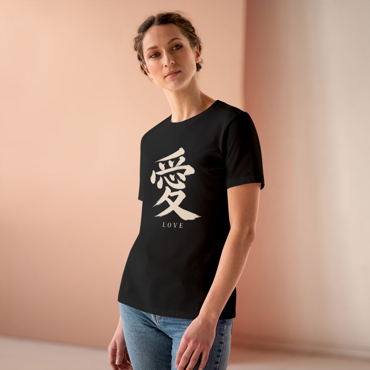 Love Kanji Women's Tee in Black, on model