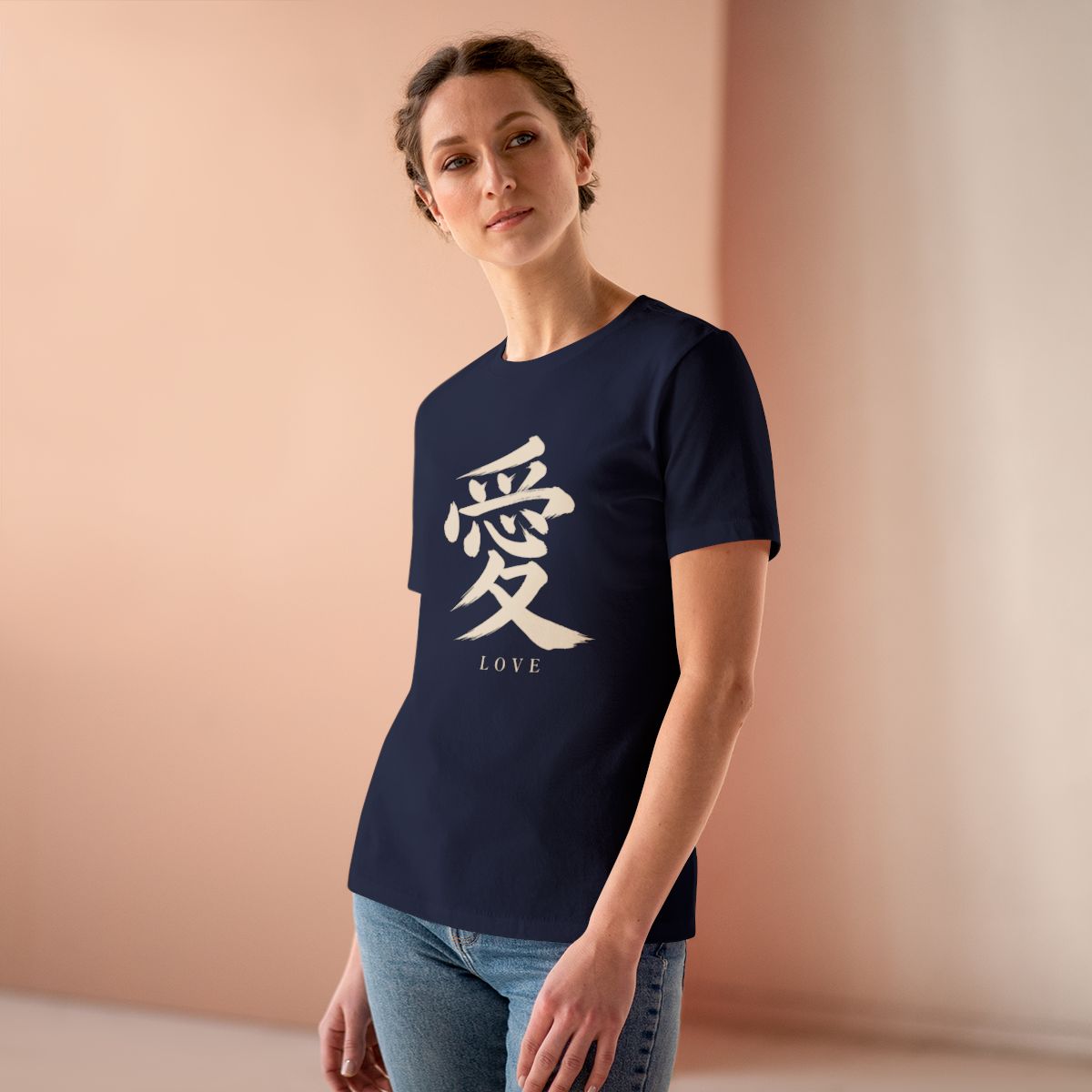 Love Kanji Women's Tee in Navy, on model