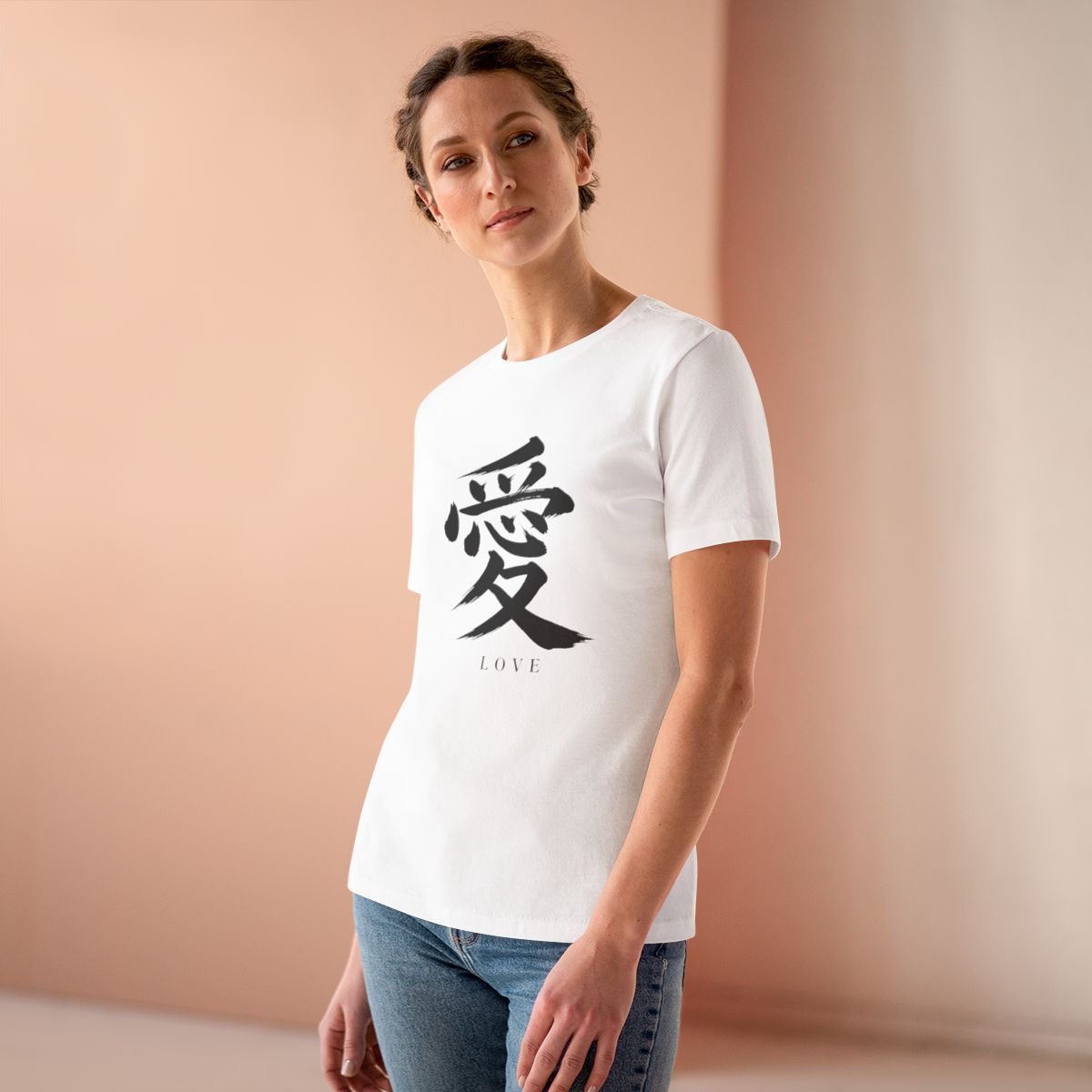 Love Kanji Women's Tee in White, on model