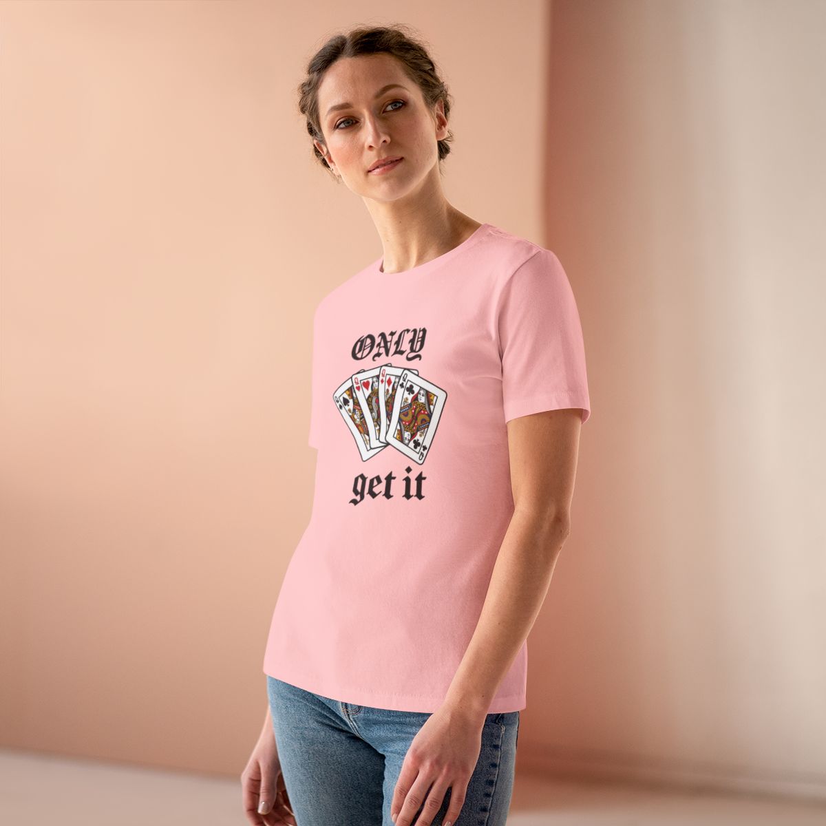 Only Queens Get It Women's Tee in Pink, on model