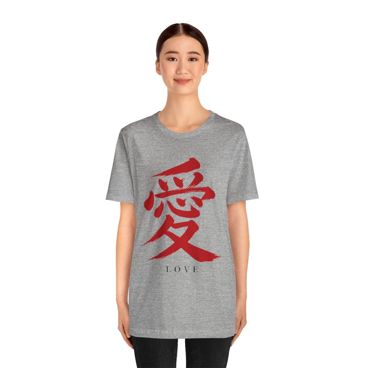 Red Love Kanji Tee in Athletic Heather, on model