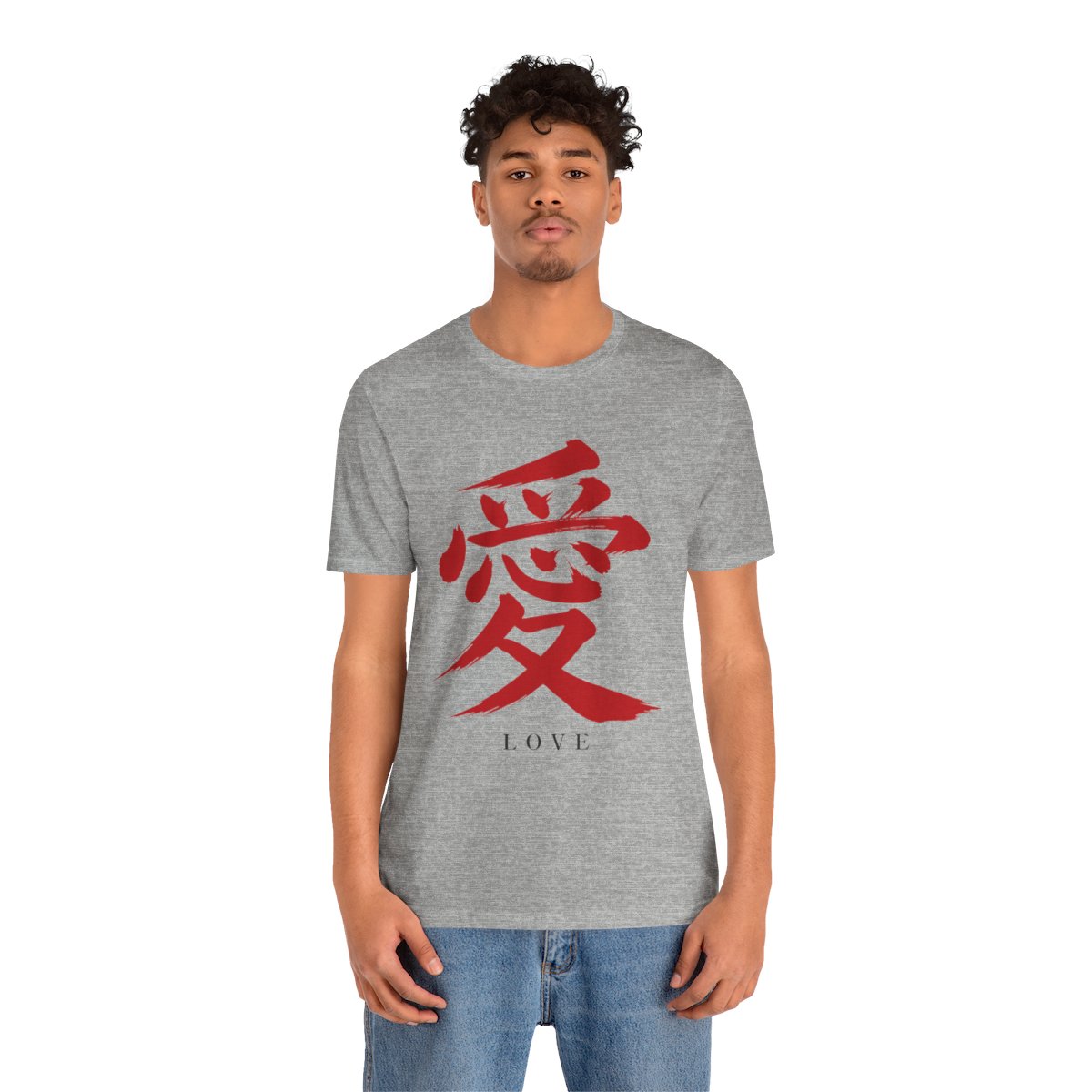 Red Love Kanji Tee in Athletic Heather, on model