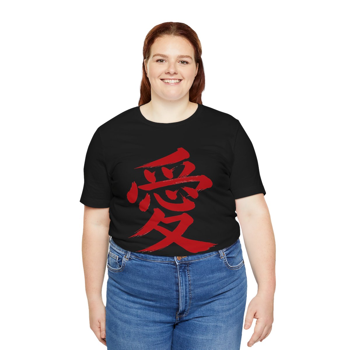 Red Love Kanji Tee in Black, on model