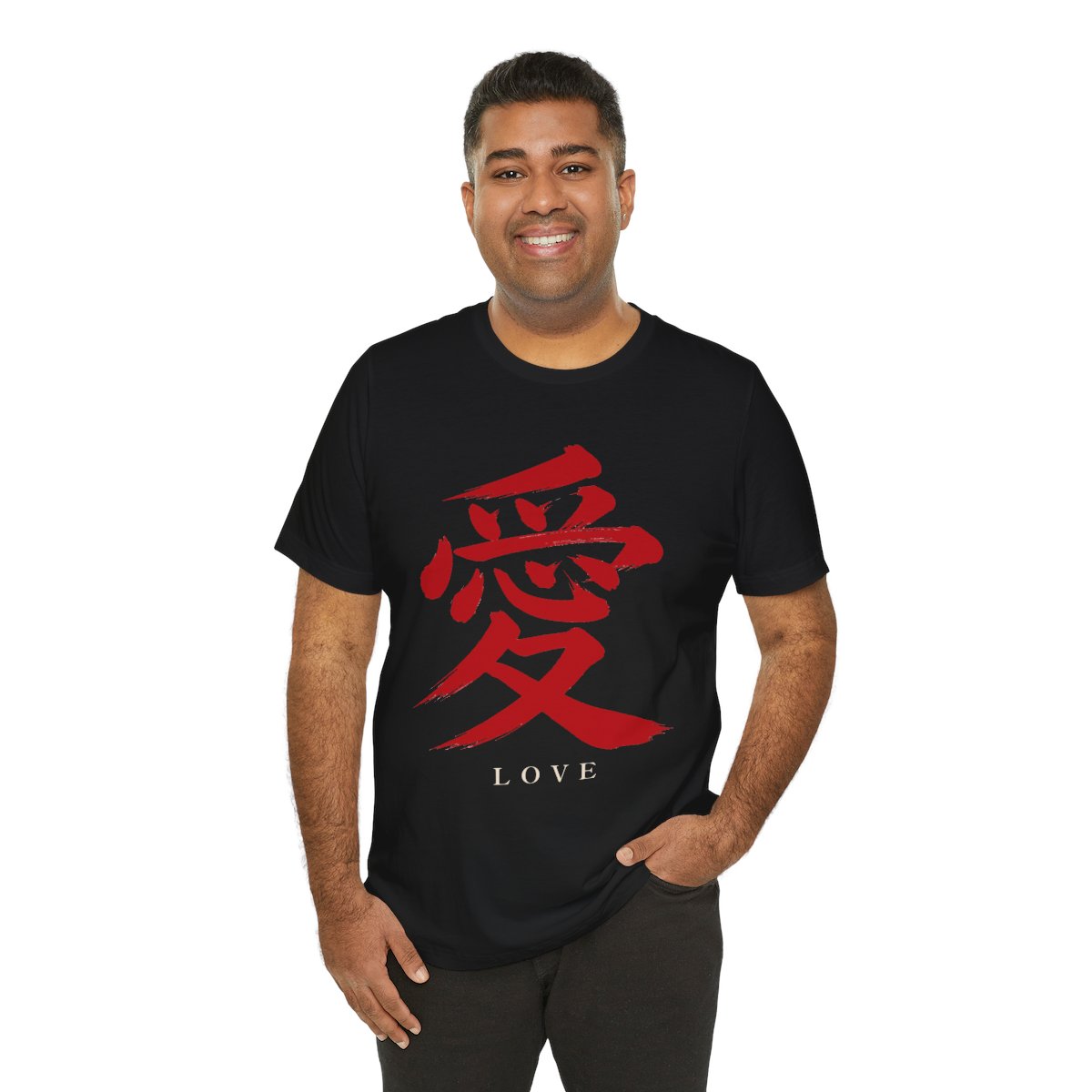 Red Love Kanji Tee in Black, on model