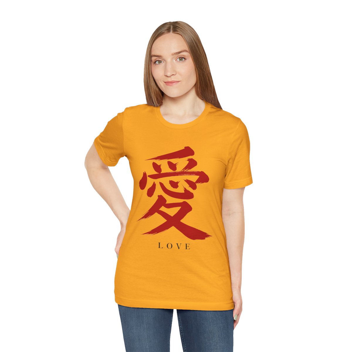 Red Love Kanji Tee in Gold, on model