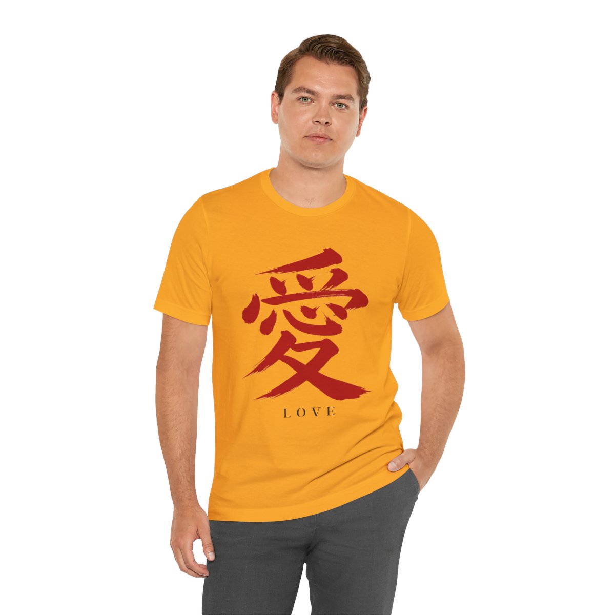 Red Love Kanji Tee in Gold, on model