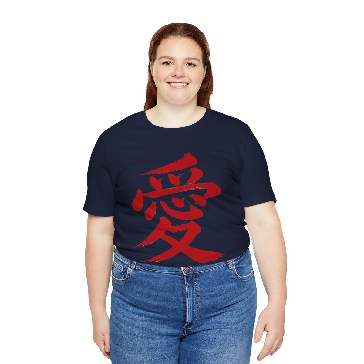 Red Love Kanji Tee in Navy, on model