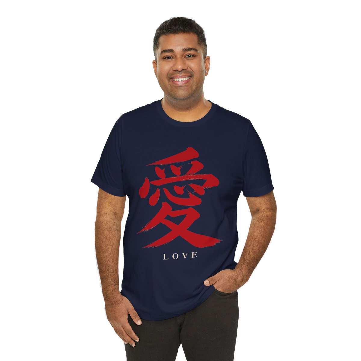 Red Love Kanji Tee in Navy, on model