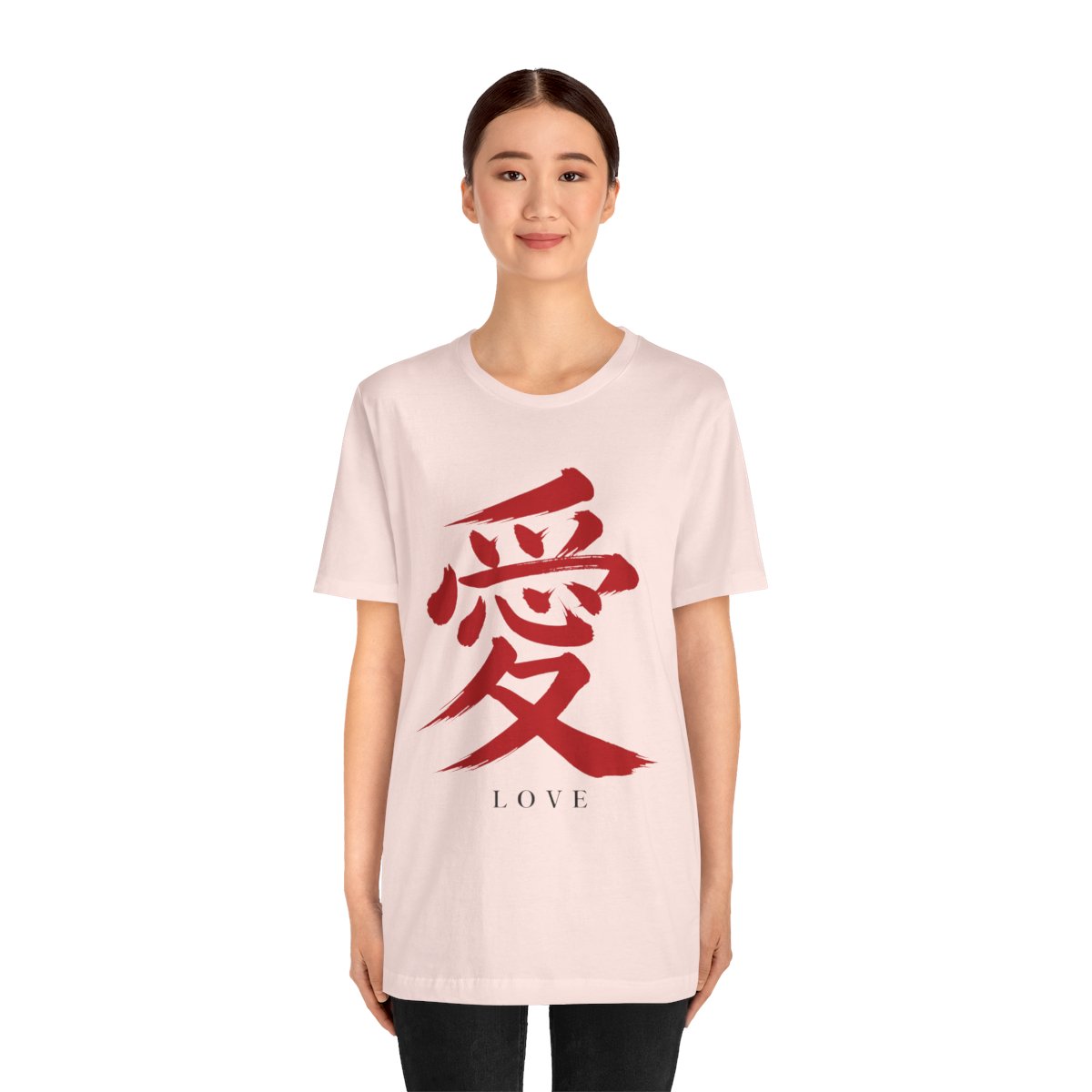 Red Love Kanji Tee in Soft Pink, on model