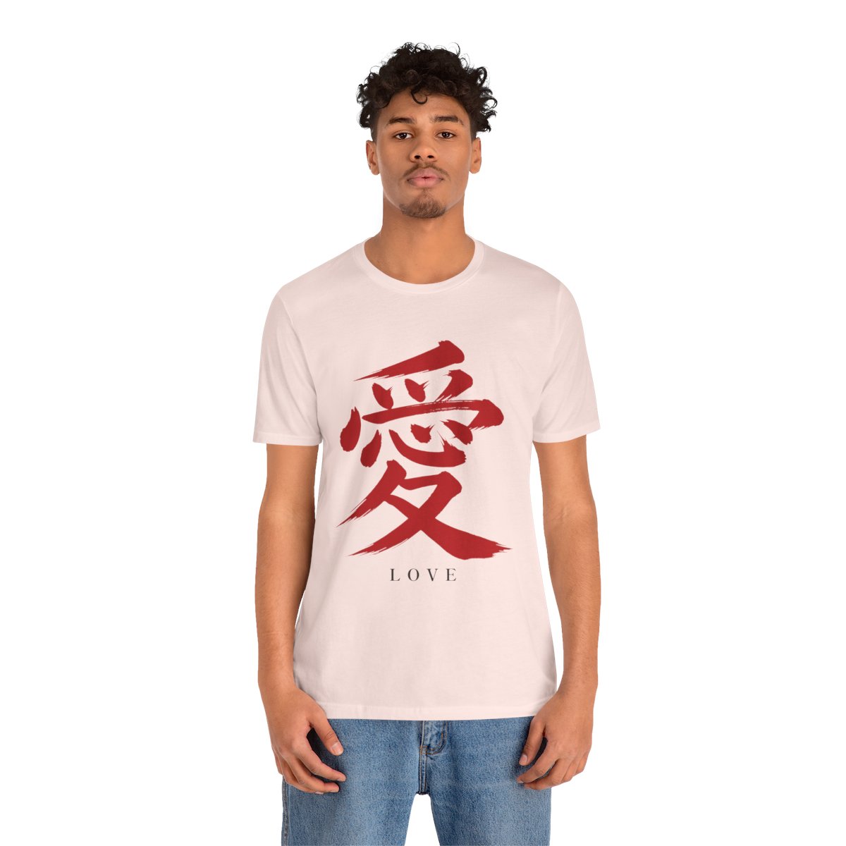 Red Love Kanji Tee in Soft Pink, on model